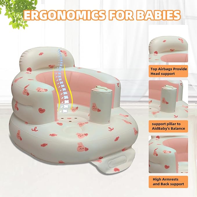 AGITVPS Inflatable Baby Seat for Babies 3-36 Months, Built in Air Pump Baby Chair Sit Me up Floor Seat for Baby, Bumbo Seat for Learning to Sit, Feeding, Camping (Pillar-Love Bunny)