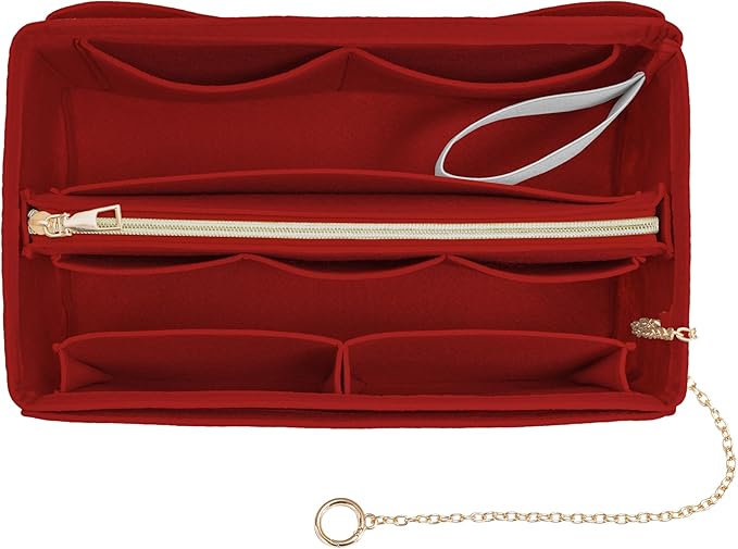Purse Organizer Insert, Handbag Organizer with Zipper, Tote Shaper with Cup Holder & Keychain, Compatible with LV, Neverfull, MK, COACH, Longchamp, Kate Spade – Red-Med