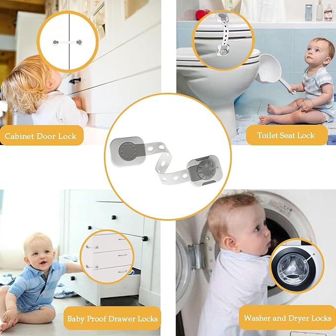 Fursafe&Q Child Safety Cabinet Proofing, Baby Cabinet Locks Adhesive Adjustable Child Safety Strap Locks Drawer Fridge Ovens Toilet Latches No Screws for Furniture Kitchen 2 Pack