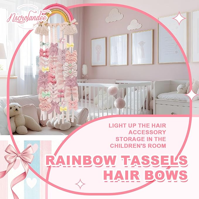 NICROLANDEE Rainbow Tassels Hair Bows Holder Hanging - Baby Hair Accessories Storage Bow Organizer Wall Hanger Decor for Baby Girls Wall Hanging Decor for Girls Room Ornament (Pink Yellow)