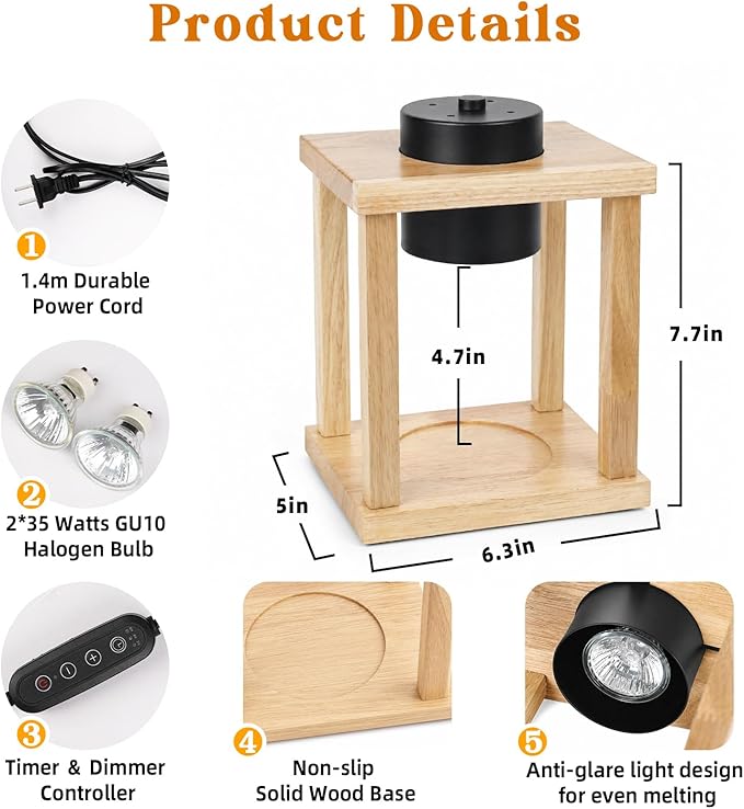 Candle Warmer Lamp Wood with Timer, Dimmable Electric Candle Lamp Warmer for Jar Candles, 2 * 35 Watt Bulb, Birthday Gifts for Women Mom, Decorative Wooden Candle Lamp for Bedroom Home Decor