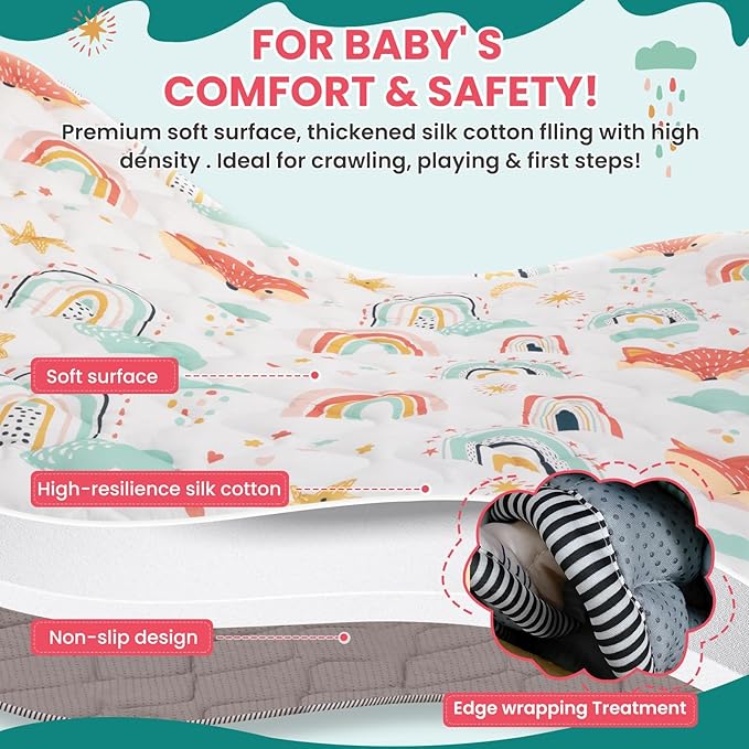 Duwenem Baby Play Mat for Floor,50x50 Inch Soft Padding Crawling Mat for Playpen, Foldable and Machine Washable, Thick for Babies & Toddlers,Rainbow Fox