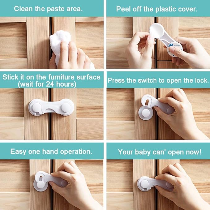 Child Safety Cabinet Locks (10 Pack) - Baby Proofing Latches Lock for Drawers, Toilet Seat, Fridge, Oven, with 10 Extra 3M Adhesives - (White)