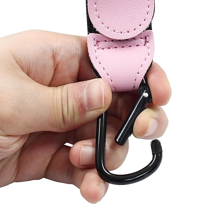 2 Pcs Stroller Hooks for Diaper Bag - Durable Leather Stroller Straps Diaper Bag Hooks - Stroller Clips for Stroller Wheelchair Shopping Carts - Pink
