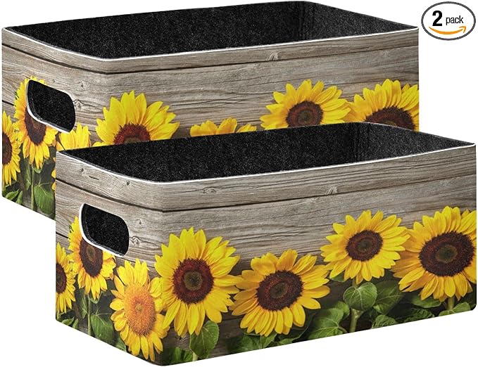 Emelivor Fall Sunflowers Yellow Storage Basket Bins Set (2pcs) Felt Collapsible Storage Bins with Fabric Rectangle Baskets for Organizing for Nursery ,Kids Room,Clothes,Towels,Magazine