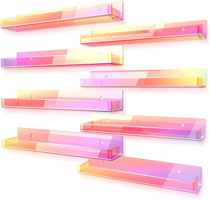 RORKIM 8 Pack 15 Inch Iridescent Acrylic Shelves, Clear Rainbow Kids Floating Bookshelf for Kids Room, Modern Sunglasses Essential Oil Picture Ledge Display Toy Storage Wall Shelf