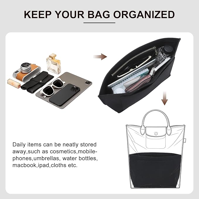 Premium Felt Purse Organizer Insert for Longchamp Le Pliage M Top Handle Tote Bag, Lighweight Long Champ Medium Tote Divider with Zipper Pocket,Bags Storage Shaper with 7 Pockets, Black/SM