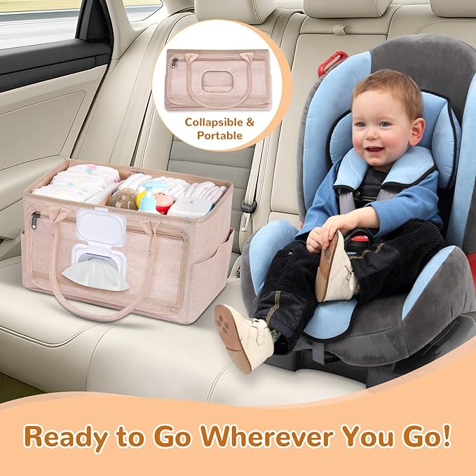 Volnamal Premium Diaper Caddy with Smart Side Wipes Pocket, Diaper Organizer, Portable Car Organizer & Nursery Basket for Newborn Essentials, Perfect Registry Must Haves for Boys & Girls, Beige