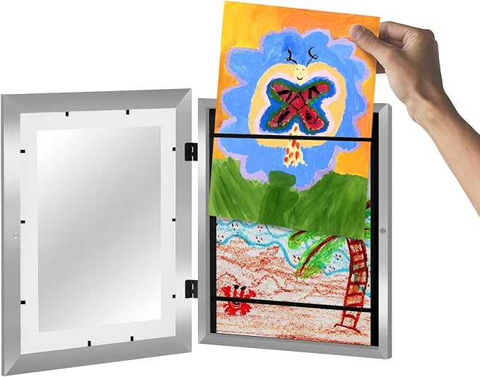 Americanflat Kids Artwork Frame Changeable (Silver) - Magnetic Door Holds 100 Art Pieces - 8.5x11 Letter Size Display with Mat or 10x12.5 Without Mat - My Mini Masterpiece