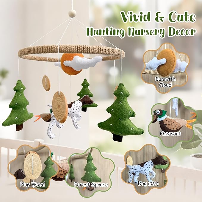 Baby Mobile for Crib Hunting Baby Crib Mobile for Boys Girls Handmade Felt Woodland Nursery Decor Infant Bedroom Hanging Pheasant Dog Hunting Decor for Bassinet Gender Reveal Newborn Gifts