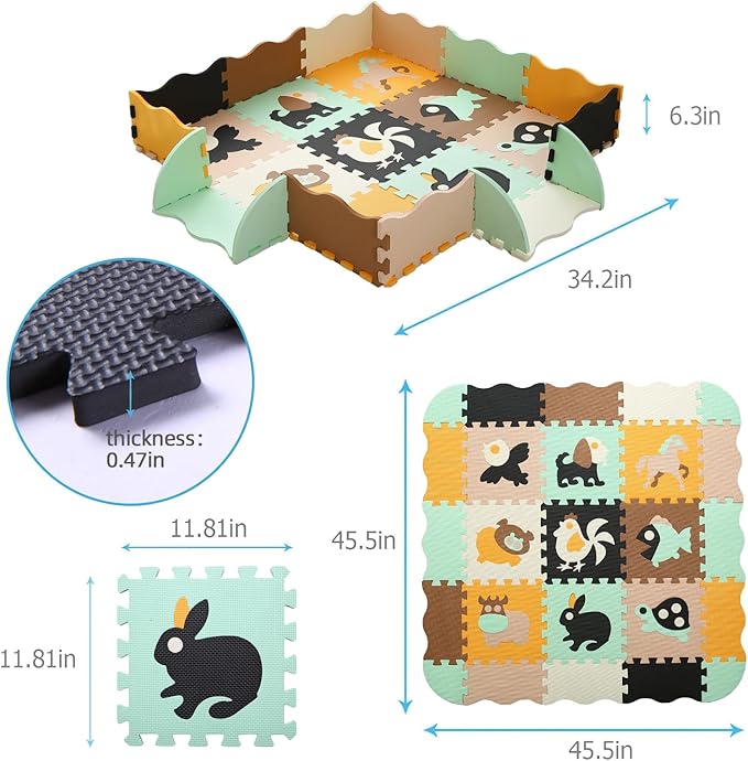 Tamiplay Foam Play Mat for Kids，25Pcs Square Interlocking Puzzle Floor Mat，Baby Play Mat Floor Mat Foam Puzzle Playmat for Toddlers with Fence（Animal-CSH005