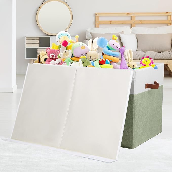 Gowee Large Toy Storage Box with Lid, Sturdy Toys Storage Chest Bin Organizer Basket with Dividers for Kids, Boys, Girls, Nursery, Closet, Bedroom, Playroom 26"x17" x17" (Green and White)