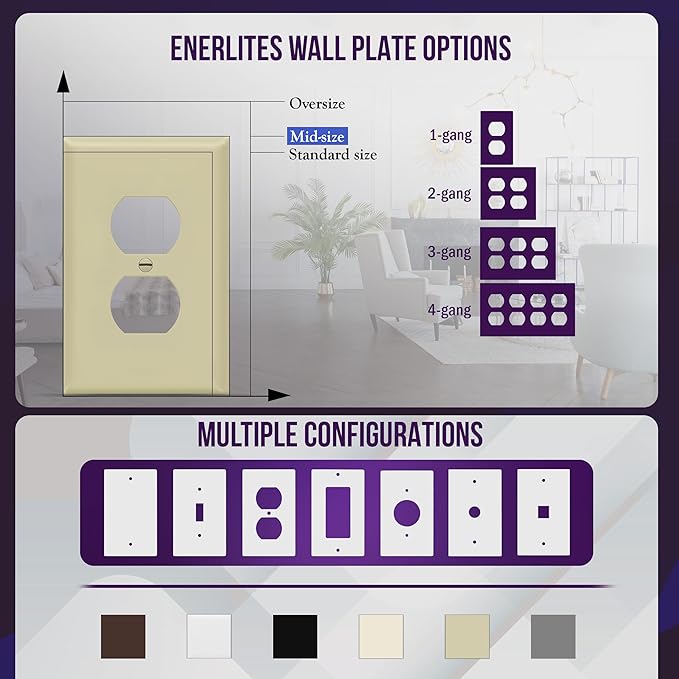 ENERLITES Duplex Receptacle Outlet Wall Plate, Midway Size 1-Gang 4.88" x 3.11", Unbreakable Polycarbonate Thermoplastic, 8821M-I, Ivory