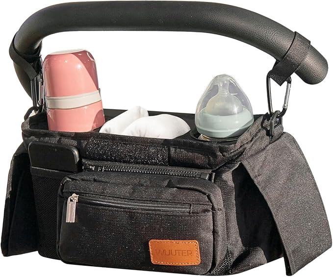 Stroller Organizer with Cup Holder Detachable Wristlet Large Capacity Baby Stroller Bag for Mom, Fits Uppababy, Baby Jogger, Britax, BOB, More (Black)