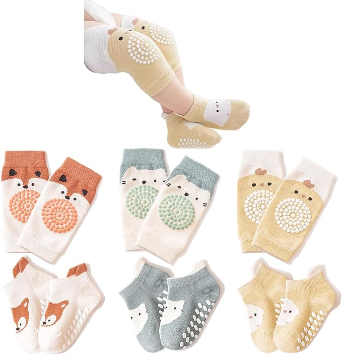 TFTSR Baby Knee Pads for Crawling (3 Pairs) and Baby Socks for Walking (3 Pairs), Walking Protector for Toddler Kid Girls Boy