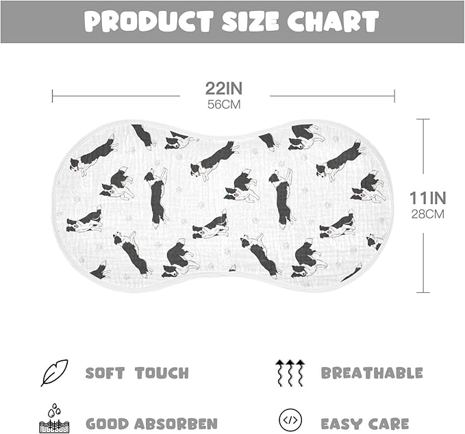 1 Pack Muslin Burp Cloths Collie Dog Paw White Cotton Baby Burp Cloths Absorbent Burping Cloth Soft Spit Up Rags for Newborn Baby Boys Girls 22x11 Inch