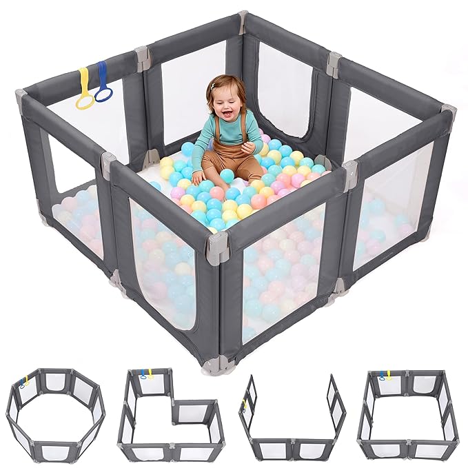 Dripex Small Foldable Baby Playpen, 49"x47" Small Space Play Yard for Travel - Portable Collapsible Play Pen for Babies, Indoor Outdoor Baby Fence, Grey