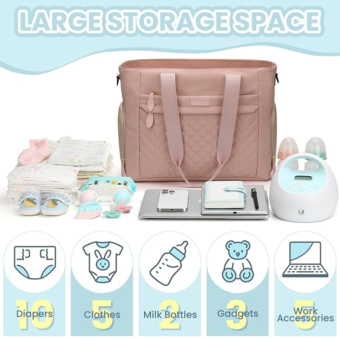 Pritent Diaper Bag Tote for Working Mom, Large Travel Diaper Tote for Mom and Dad with 14 Inch Laptop Sleeve, Mommy Maternity Travel Baby Bag for Boys and Girls, Pink