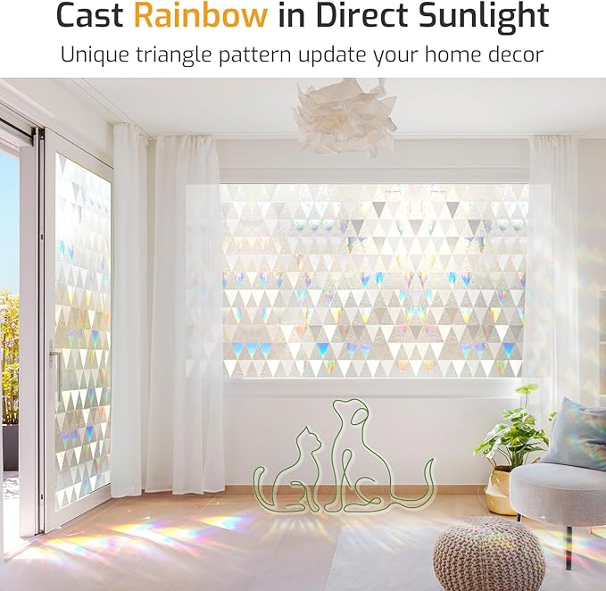 LUTE Window Privacy Film, Decorative Stained Glass Rainbow Window Clings, Sun Blocking Glass Covering, Renter-Friendly Static Cling Sticker Frosted Decals for Home Door Office, 23.6" x 118.1"