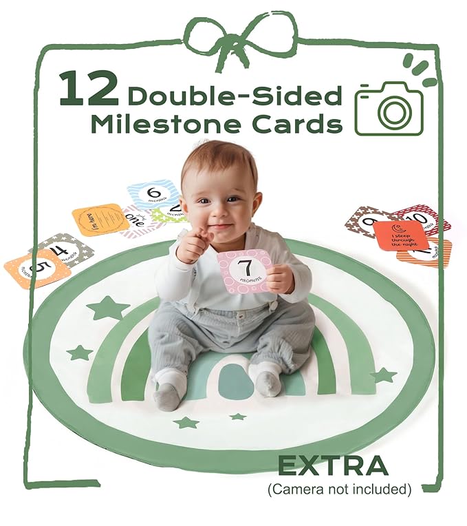 Little Dove Baby Play Gym Mat, Tummy Time Activity Mat with 7 Detachable Toys and 12 Milestone Cards for Stage-Based Sensory and Motor Skill Development, Washable Play Mats for Infant, Green