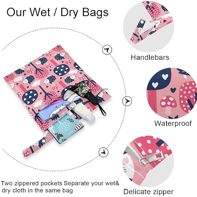 visesunny Hedgehog Forest 2Pcs Wet Bag with Zippered Pockets Washable Reusable Roomy for Travel,Beach,Pool,Daycare,Stroller,Diapers,Dirty Gym Clothes, Wet Swimsuits, Toiletries