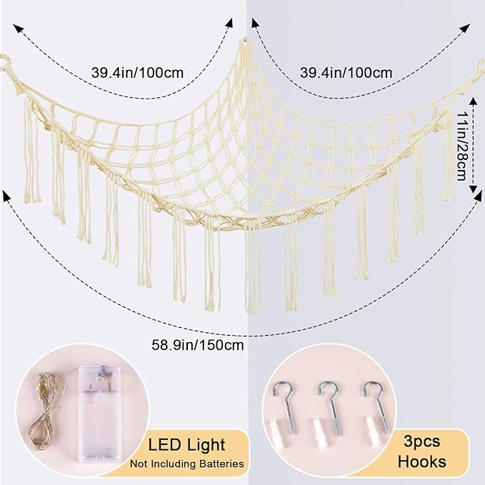 Basumee Stuffed Animals Net or Hammock with LED Light, Hanging Stuffed Animals Storage Toy Hammock Net Corner Wall Girls Room Decor Toy Storage Organizer, Cream, L