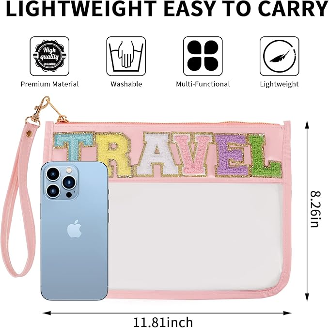 Iqimott Chenille Letter Clear Bag Travel Pouch, Monogram PVC & PU Makeup Cosmetic Bag Zipper Toiletry Pouch, Waterproof Portable Beach Snack Wristlet Bags for Women Girls(Travel, Pink)