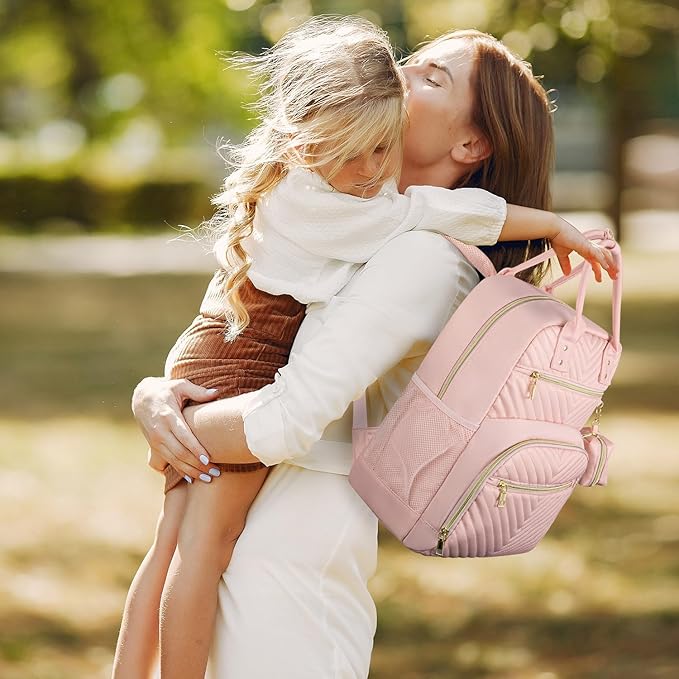 Pritent Diaper Bag Backpack,Baby Essentials Diapers Bag with Pacifier Case,Multipurpose Stylish Large Capacity Travel Backpack for Baby Girl/Boy(M-Pink)