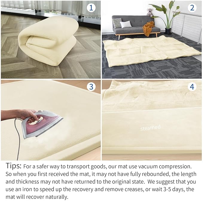 Huloo Sleep Ultra Soft Baby Play Mat for Floor,1.3" Thick Elasti-Foam 47x47 Play Mat for Playpen,Water-Repellent Coral Velvet for Tummy Time, Non-Slip Backing Safe for Toddlers & Infants（Vanilla）