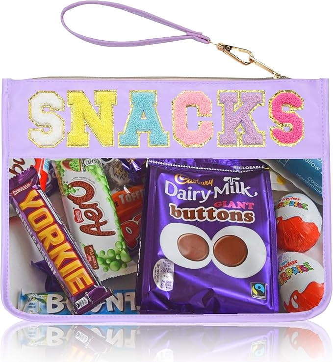 Chenille Letter Clear Zipper Pouch for Travel Preppy Patch Makeup Bag-Nylon Cosmetic Preppy Makeup Waterproof Organizer Bag Set for Women Valentines Bag (ZS-SNACK)