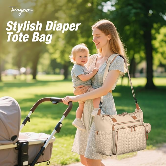 Tonyeee Diaper Bag Tote, Large Baby Diaper Bags Waterproof, Hospital Bag for Labor Delivery with Pacifier Case, Changing Pad, Shoulder Strap, khaki