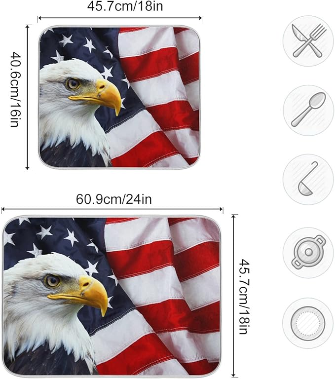 Absorbent Dish Drying Mat for Kitchen Counter - Flag Eagle American Microfiber Drying Pad, Reversible Drainer Mats for Countertop, Large 18" x 24"