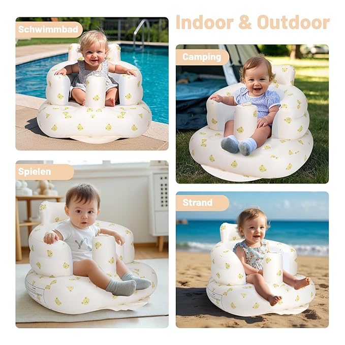 Inflatable Baby Seat, Inflatable Baby Chair for Babies 3 Months and Up, Summer Blow Up Chair with Built in Air Pump, Infant Floor Seats for Learning to Sit, Palying, Camping, Bear Head