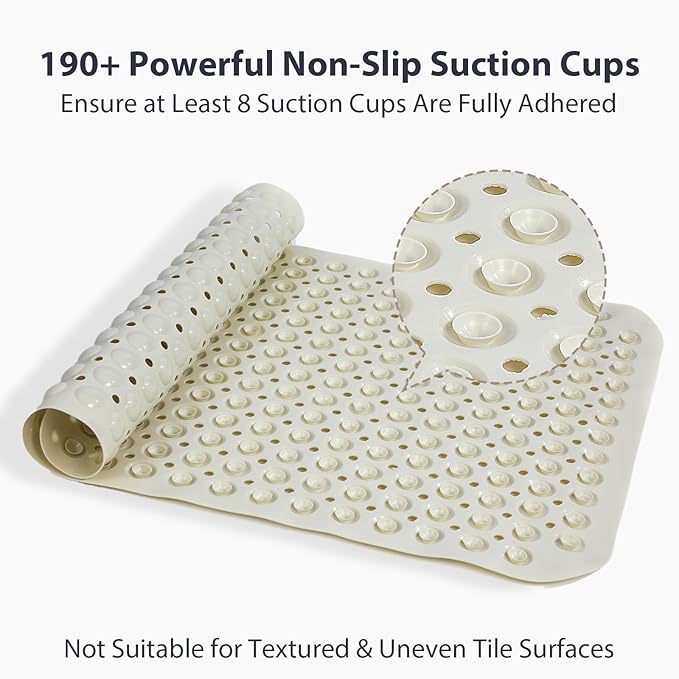 Beige Bathtub Mat Shower Mat Non Slip 17x30 Inch Standard Size, Soft Bubble Bath Tub Mat Shower Mats for Inside Shower Bathroom Floor Mat with Big Suction Cups & Drain Holes, BPA-Free