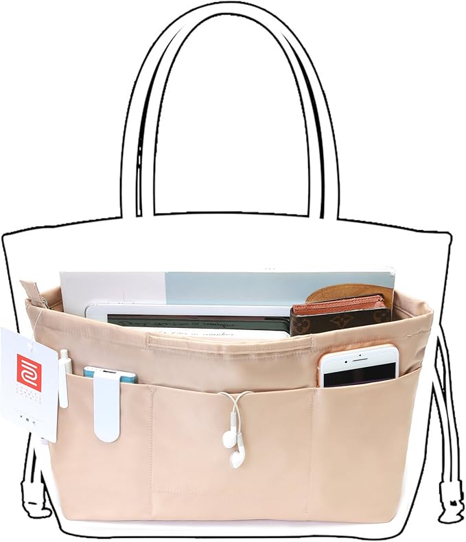 iN. Purse Organizer Insert with zipper Nylon fabric for women Handbags & Totebag beige Size: Medium: 15.7"(Top)/12.2"(Bottom) L × 4.7" W × 8.3" H