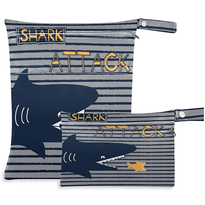 visesunny Black Shark Eatting Fish Stripe 2Pcs Wet Bag with Zippered Pockets Washable Reusable Roomy for Travel,Beach,Pool,Daycare,Stroller,Diapers,Dirty Gym Clothes, Wet Swimsuits, Toiletries