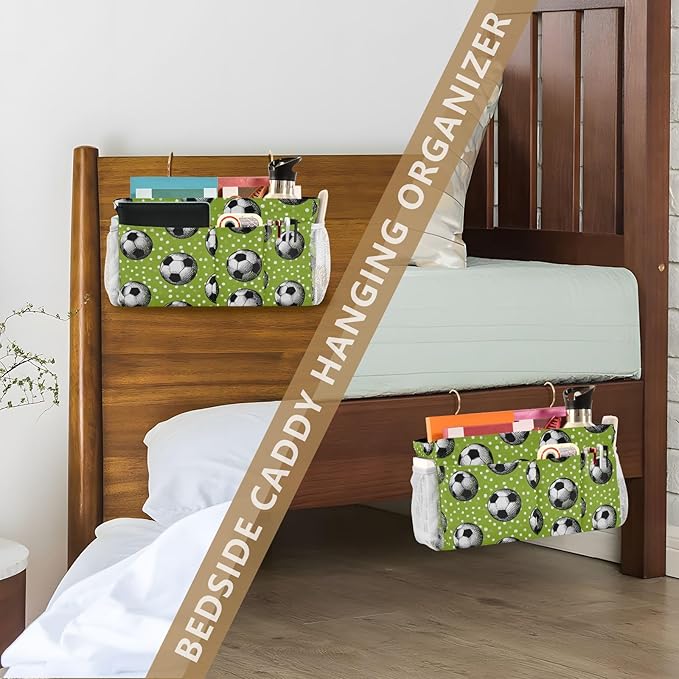 Bedside Caddy Hanging Bunk Bed Caddy Bed Organizer Hanging Pocket with 2 Hooks Bedside Storage Organizer Pocket Bag Holder Deep Green Soccer Balls Dots