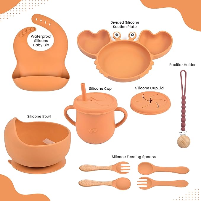 Silicone Baby Feeding & Weaning Set – Food-Grade Baby Led Weaning Supplies with Suction Plate, Bowl, Bib, Sippy Cup & Soft Spoon Fork – Dishwasher & Microwave Safe (Brown)
