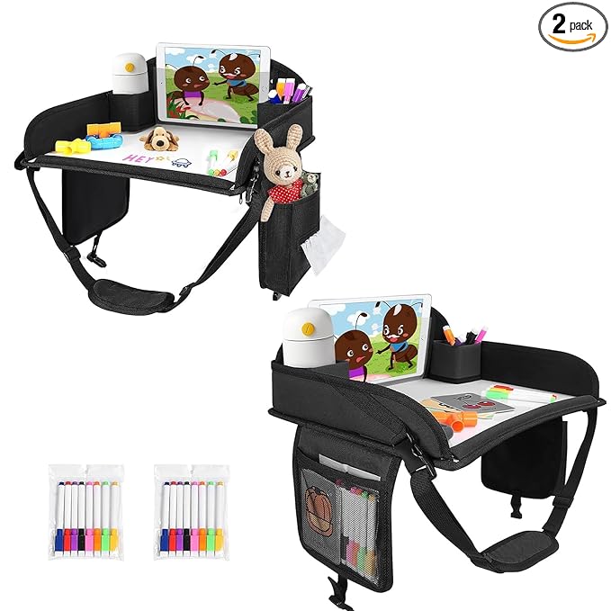 Kids Travel Tray, 2Pcs Kids Travel Trays for Car Seat, Road Trip Essentials for Toddler, Carseat Lap Tray with Dry Erase Board & Storage Organizer for Road Trip Activities for Kid, Black