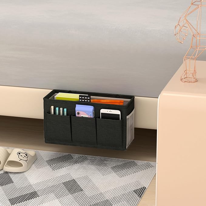 Edudif Dual-purpose Bedside Caddy Bedside Organizer, Bed Caddy with 6 Pockets, Versatile Bedside Storage Solution Magazine Remotes holder, ideal for Home, Dorm, Hospital, Crib Bed (Black 2 pcs)