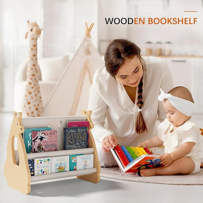 Lullulii Double Sided Kids Bookshelf – 2 Tier Portable Toddler Bookshelf, Book Shelf for Kids Rooms & Playroom, Cute Kangaroo Design Wooden Montessori Baby Bookshelf,Toddler Book Display Shelves,Brown