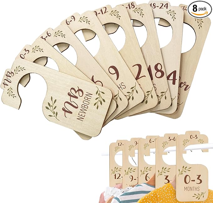 Closet Dividers for Baby Clothes, Wooden Double-Sided Hangers With Size Dividers, Organizer From Newborn to Toddler for Nursery Decor (Leaf)