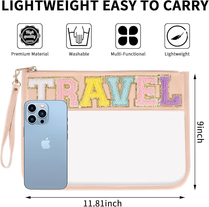 Iqimott Chenille Letter Clear Bag Travel Pouch, Monogram PVC & PU Makeup Cosmetic Bag Zipper Toiletry Pouch, Waterproof Portable Beach Snack Wristlet Bags for Women Girls(Travel, Pink)