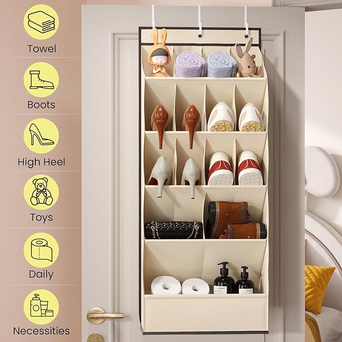 Mefirt Over the Door Shoe Rack with Large Deep Pockets, Door Shoes Organizer for Closet, Hanging Boots Shoe Rack, Behind the Door Narrow Shoe Holder, Multiple Pockets for Flexible Storage, Beige ﻿