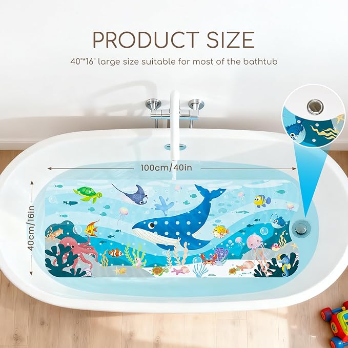 Omedecal Baby Bath Mat for Tub, Non Slip Kids Bath Shower Mat, 40 X 16 Inch Large Bathtub Mat with Drain Holes and Suction Cups for Toddlers, Machine Washable and Waterproof (Whale)