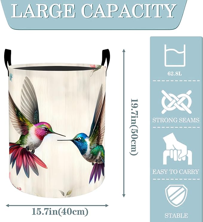 VODRM Elegant Floral Hummingbird Couple Laundry Basket, Dirty Collapsible Clothes Toy Organizer Hamper for Kids Adults, Oxford Cloth Waterproof Storage Bin for Bathroom Home Decor Gifts, 19.7"X15.7"