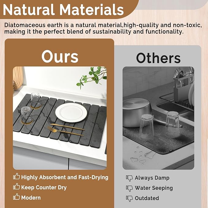 Large Stone Dish Drying Mat for Kitchen Counter,2 PCS Quick Dry Stone Dishes Mats,Foldable Water Absorbing Diatomaceous Earth Drying Pad for Countertop Bottles Utensils Cups(Dark Gray 24"×16" & 8"x4")