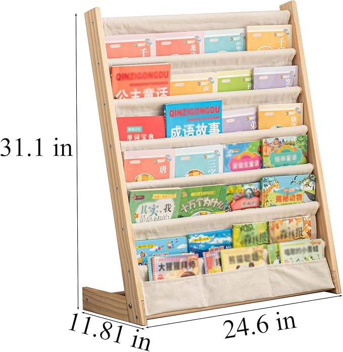 CYMFBSFBU 7 Tier Wooden Kids Bookshelf Book Holder Natural Wood Book Rack Storage Bookshelf for Kids Room Study Room Play Room Toy Storage Organizer (W: 24.6")