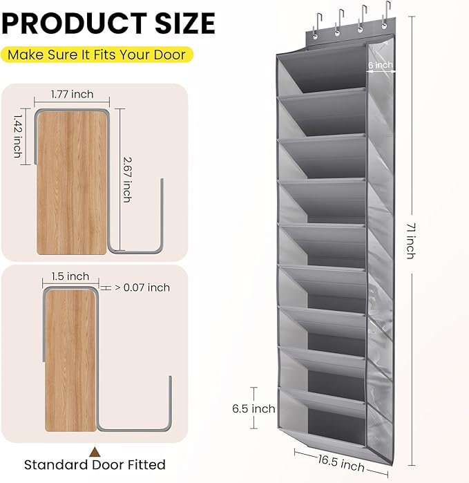 Mefirt 10 Tier Clear Over the Door Shoe Organizer with Deep Pockets, Door Shoes Rack with Hard Tube to Keep the Shape, Hanging Shoe Rack for Closet Organizers & Storage, Behind Door Shoe Holder Grey