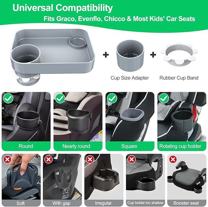 (2 Pack) Car Seat Tray for Kids Travel, Carseat Tray for Food Toddler, Car Seat Table Tray, Car Seat Cup Holder Snack Tray for Graco, Evenflo, Chicco, Rotatable Removable Road Trip Essentials-Gray